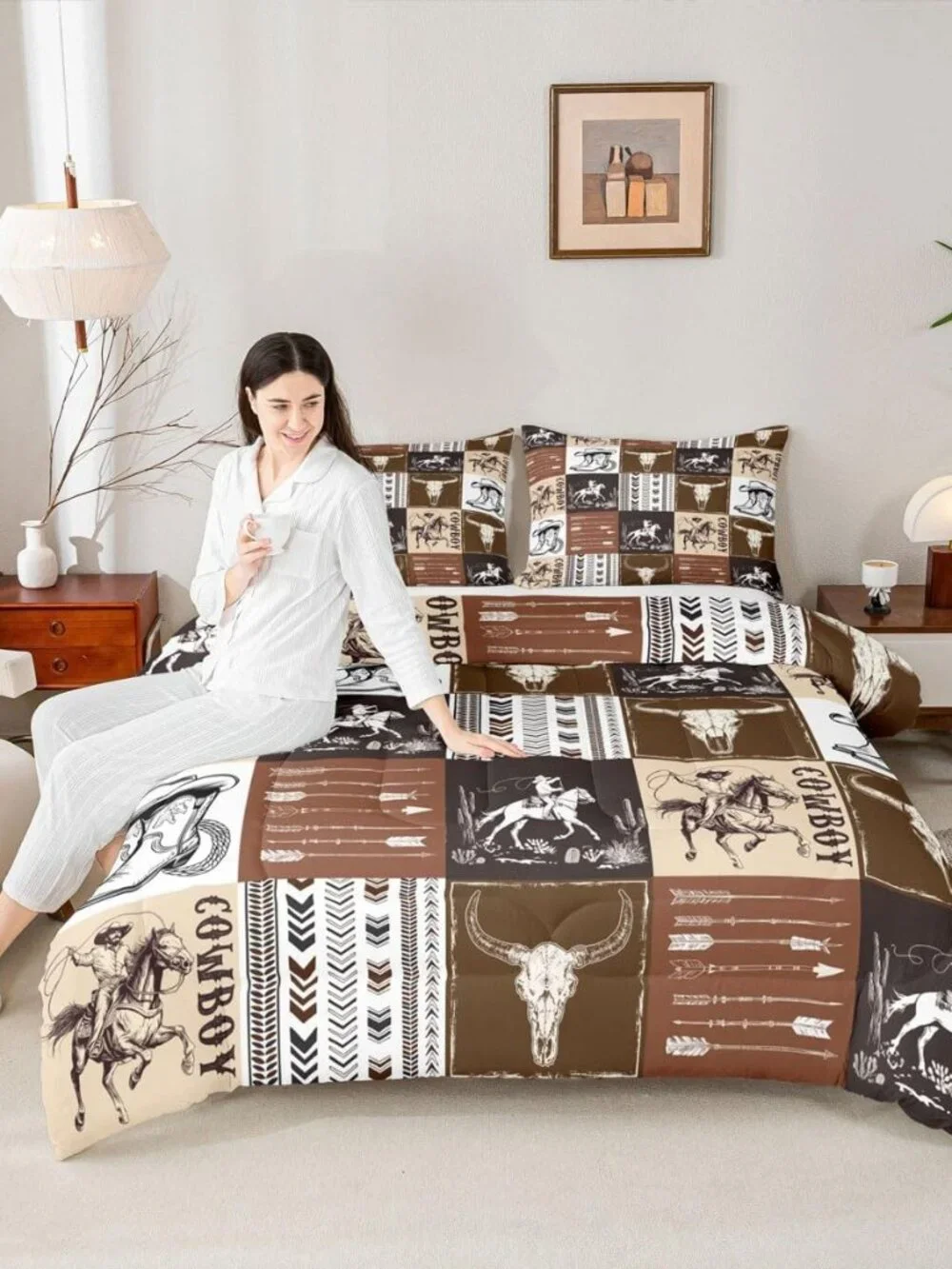 Western Comforter Set Queen Size,Southwestern Aztec Country Horse Bedding Set 2p